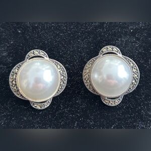 Judith Jack Sterling Silver, Faux Pearl & Marcasite clip-on earrings